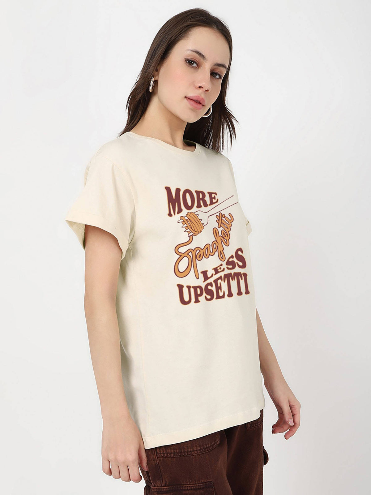 Women's Beige More Spaghetti Graphic Printed Boyfriend T-shirt | TS56 - view 2