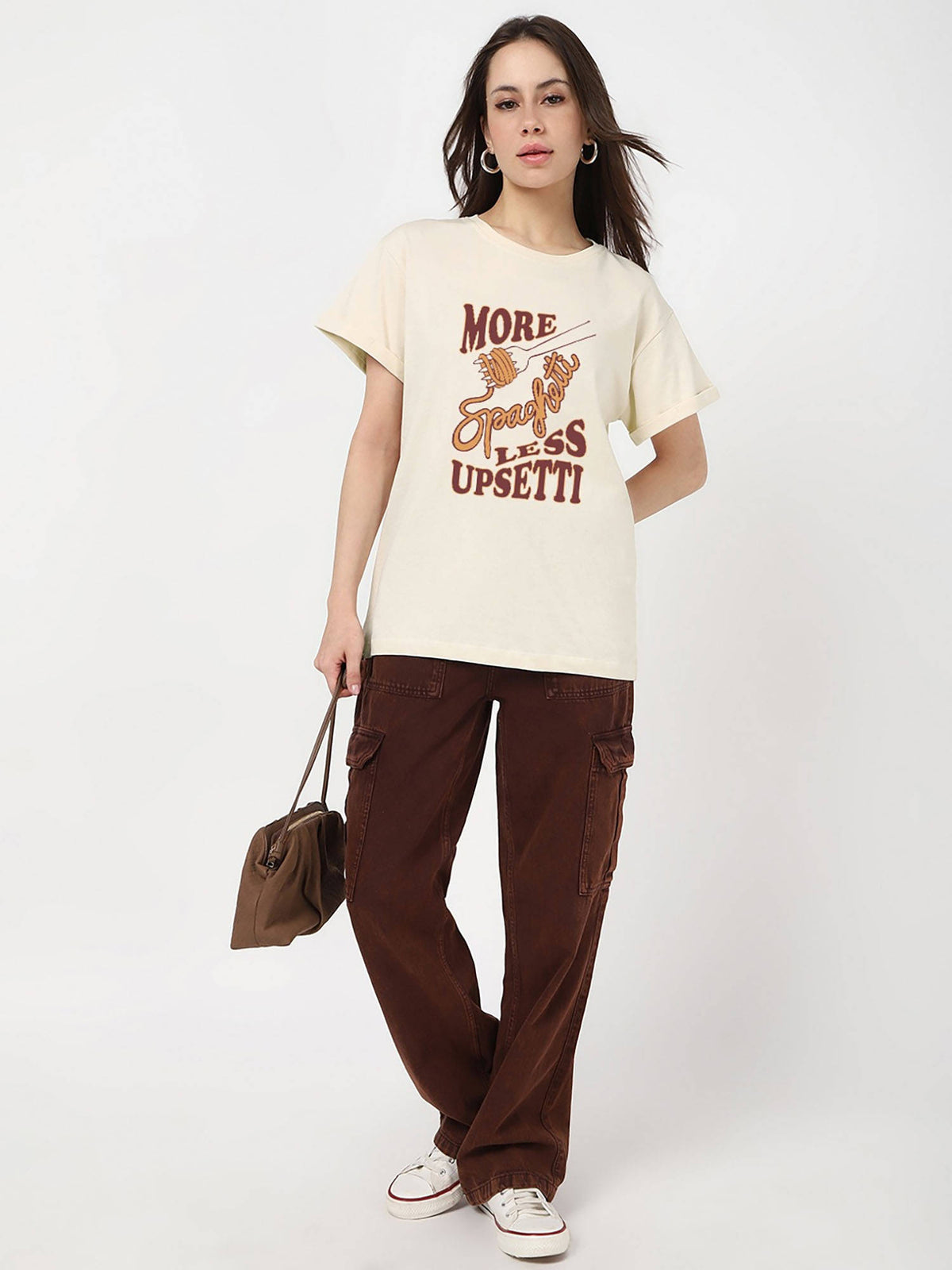 Women's Beige More Spaghetti Graphic Printed Boyfriend T-shirt | TS56 - view 4
