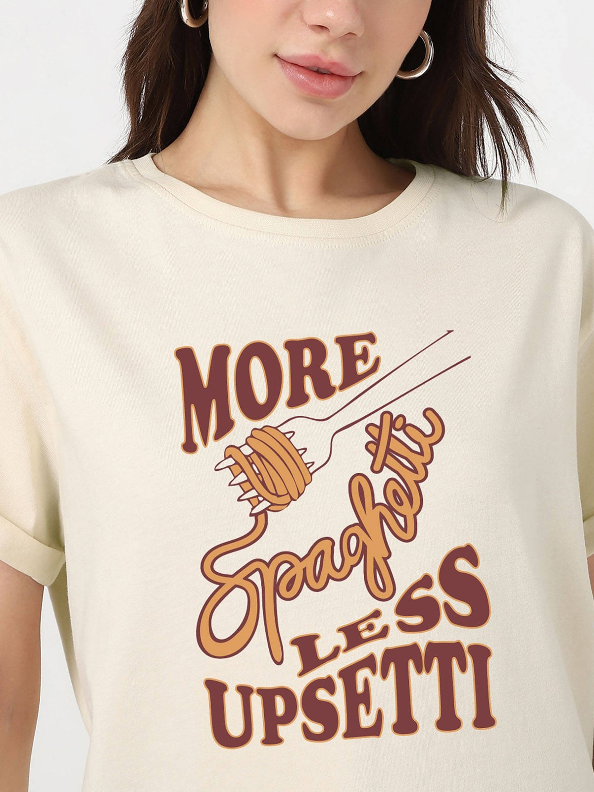 Women's Beige More Spaghetti Graphic Printed Boyfriend T-shirt | TS56 - view 5