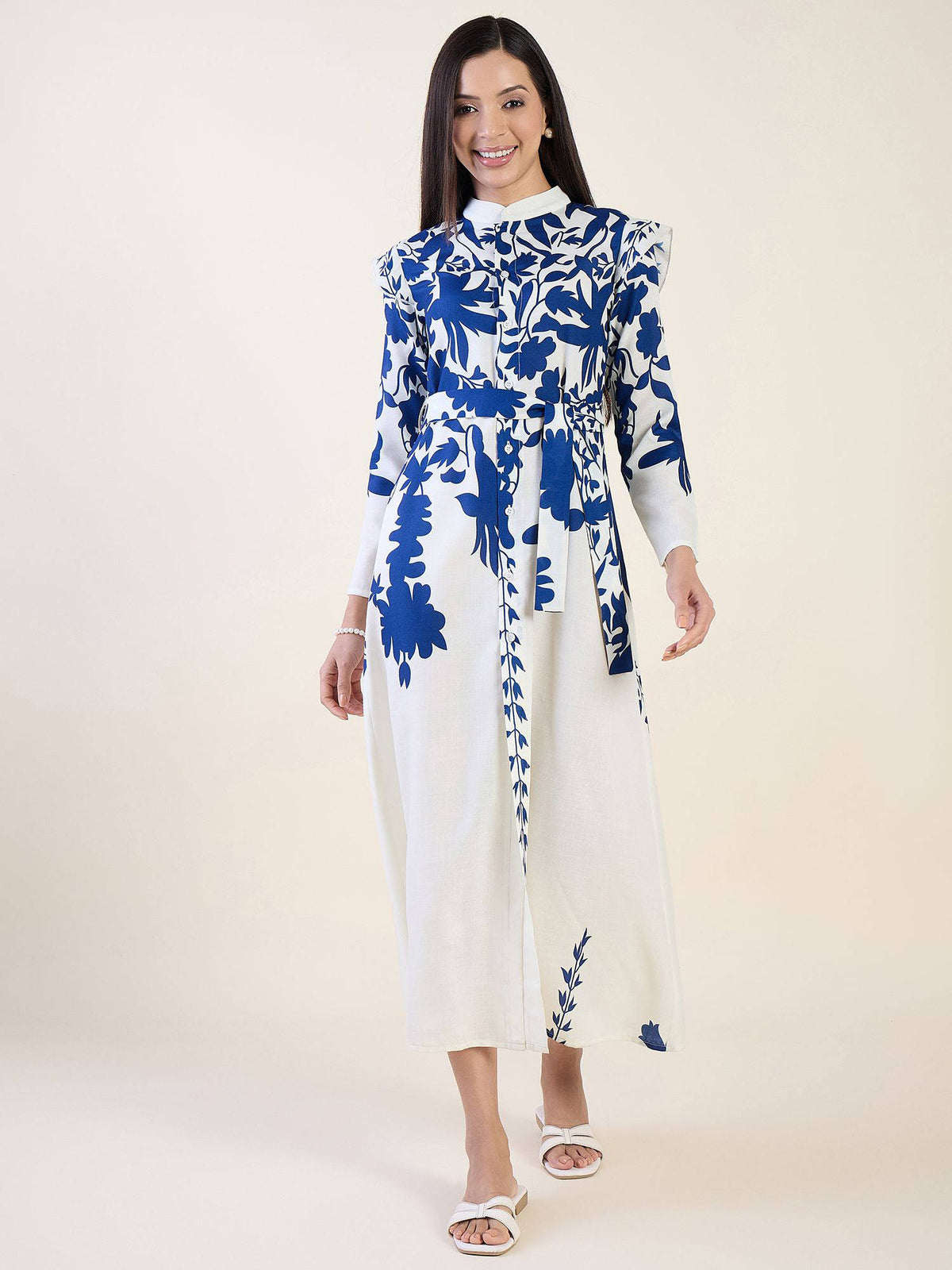 White Floral Print Linen Blend Dress with Belt | D56 - view 1
