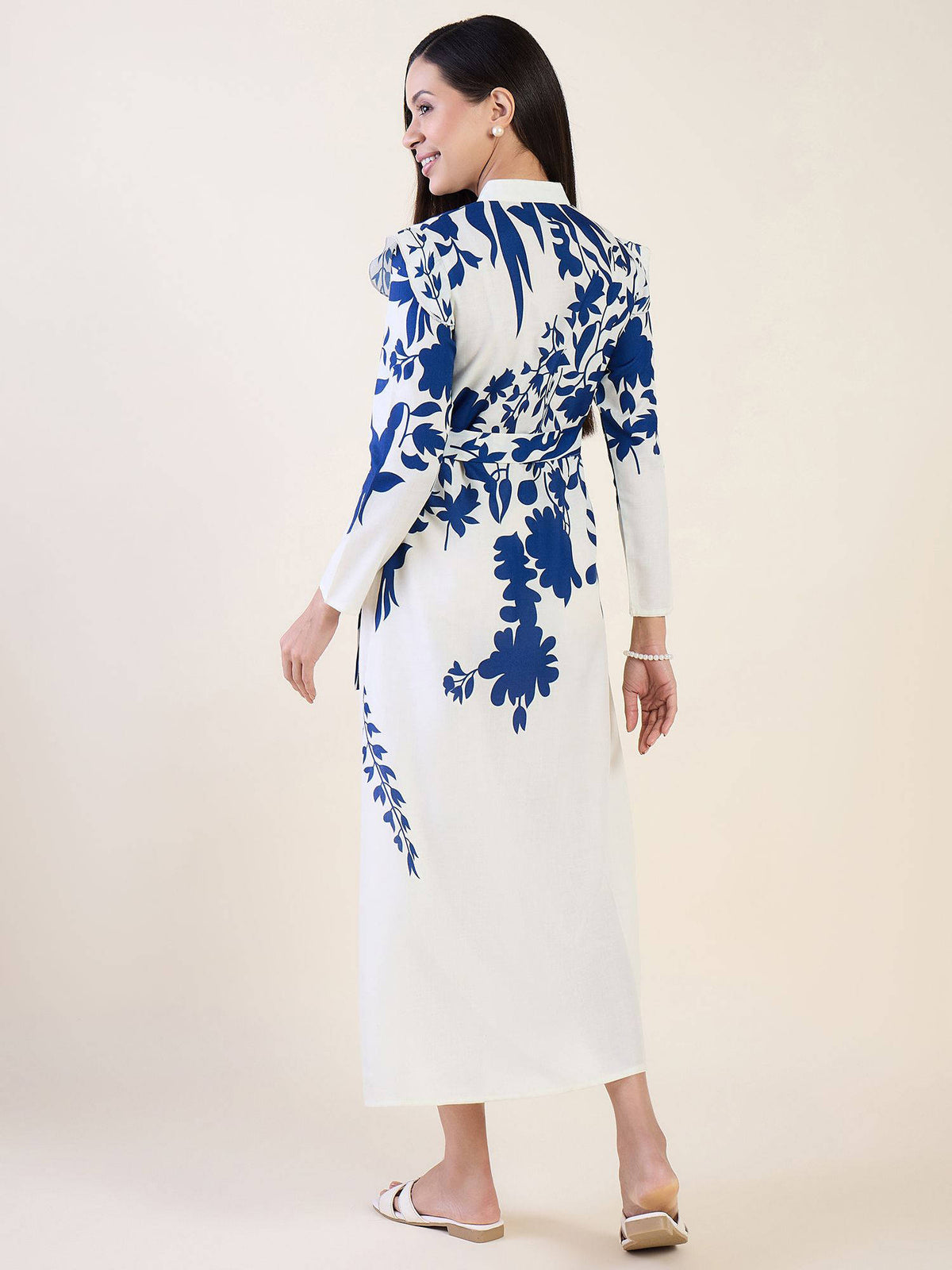 White Floral Print Linen Blend Dress with Belt | D56 - view 2