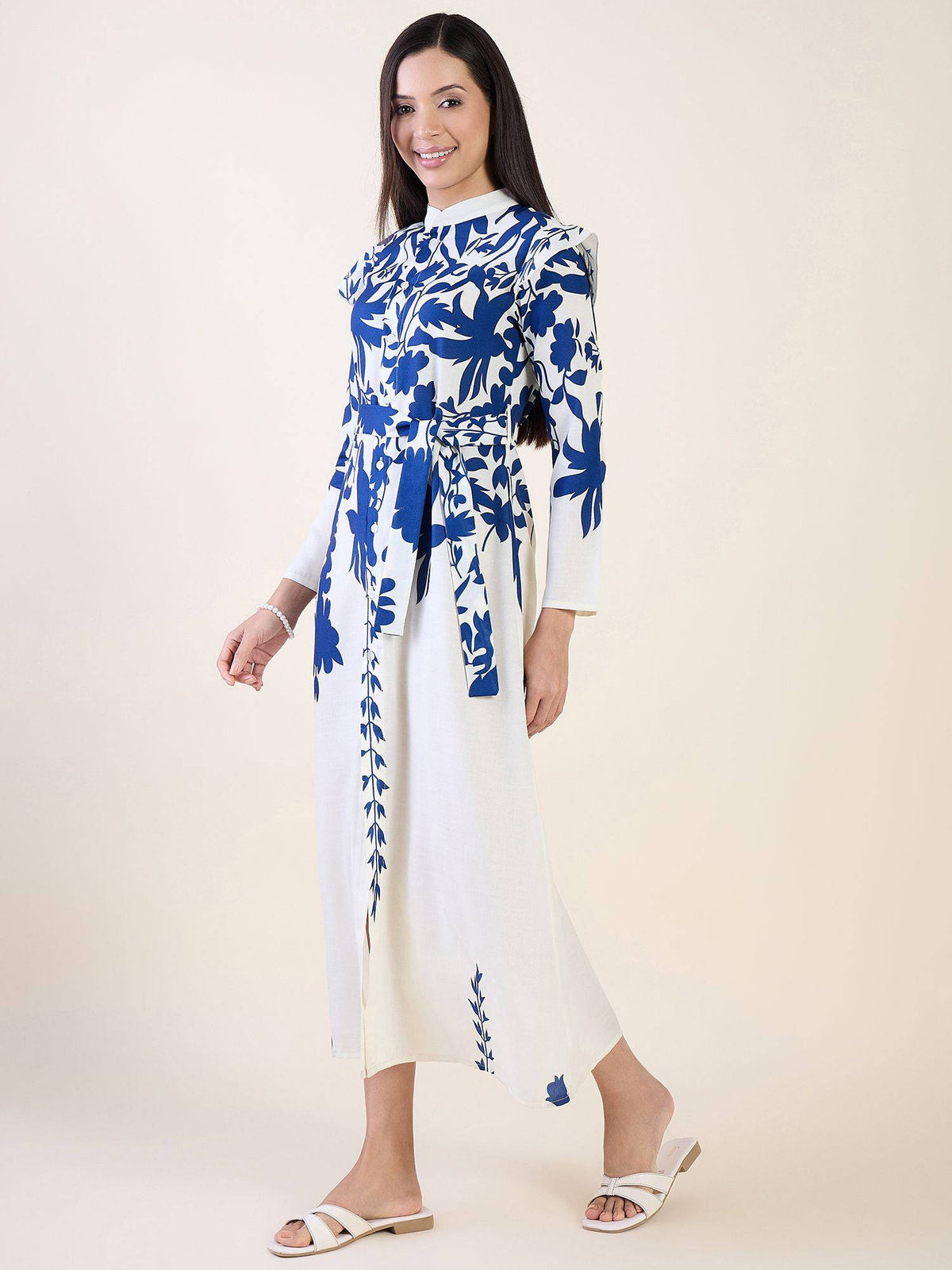 White Floral Print Linen Blend Dress with Belt | D56 - view 3
