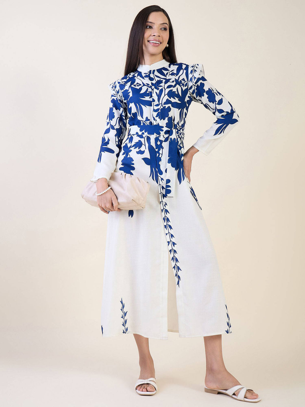 White Floral Print Linen Blend Dress with Belt | D56 - view 4