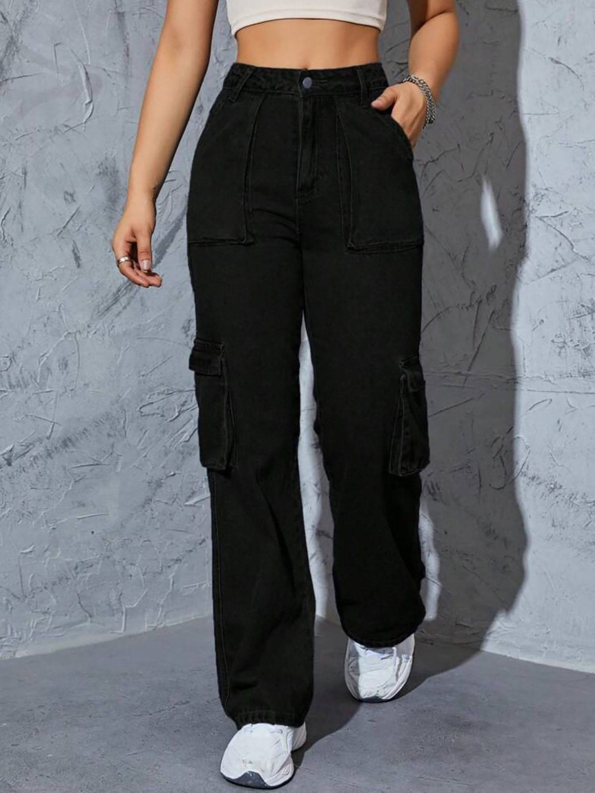 Women Black Straight Fit High- Rise Stretchable Cargo Jeans | ST23 - view 1