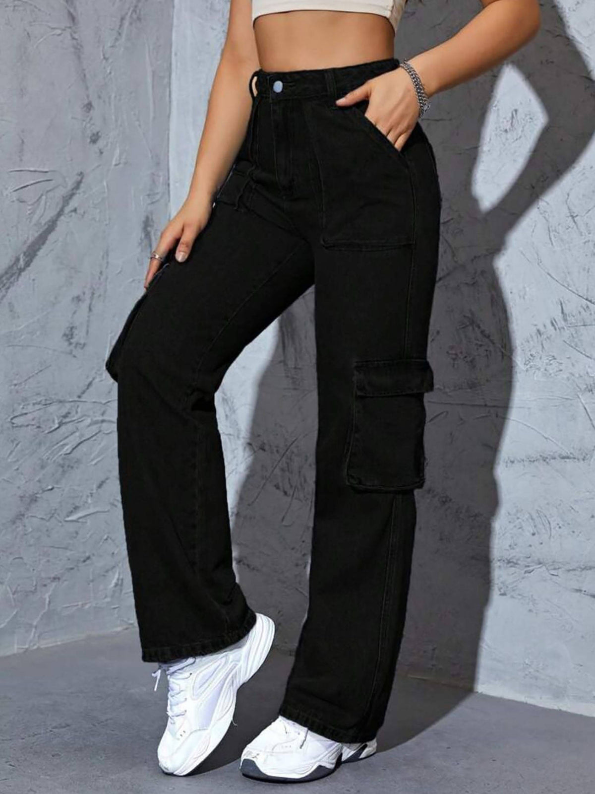 Women Black Straight Fit High- Rise Stretchable Cargo Jeans | ST23 - view 2