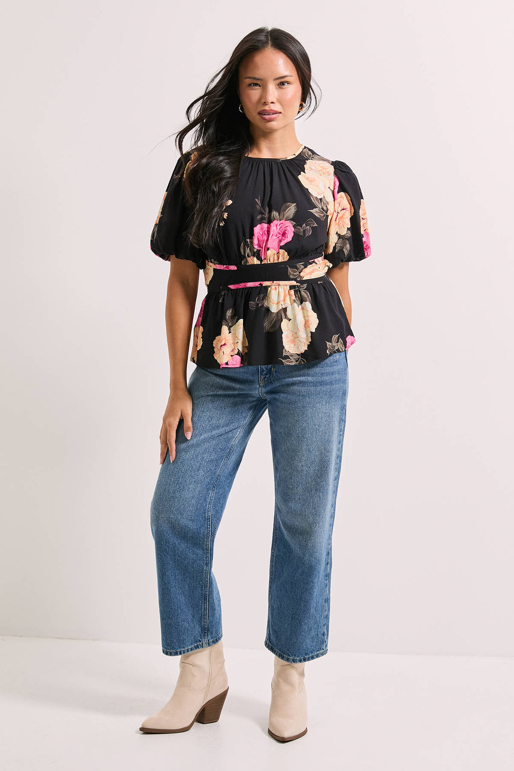 Black Floral Contrast Binding Peplum Top | pt51 - view 2