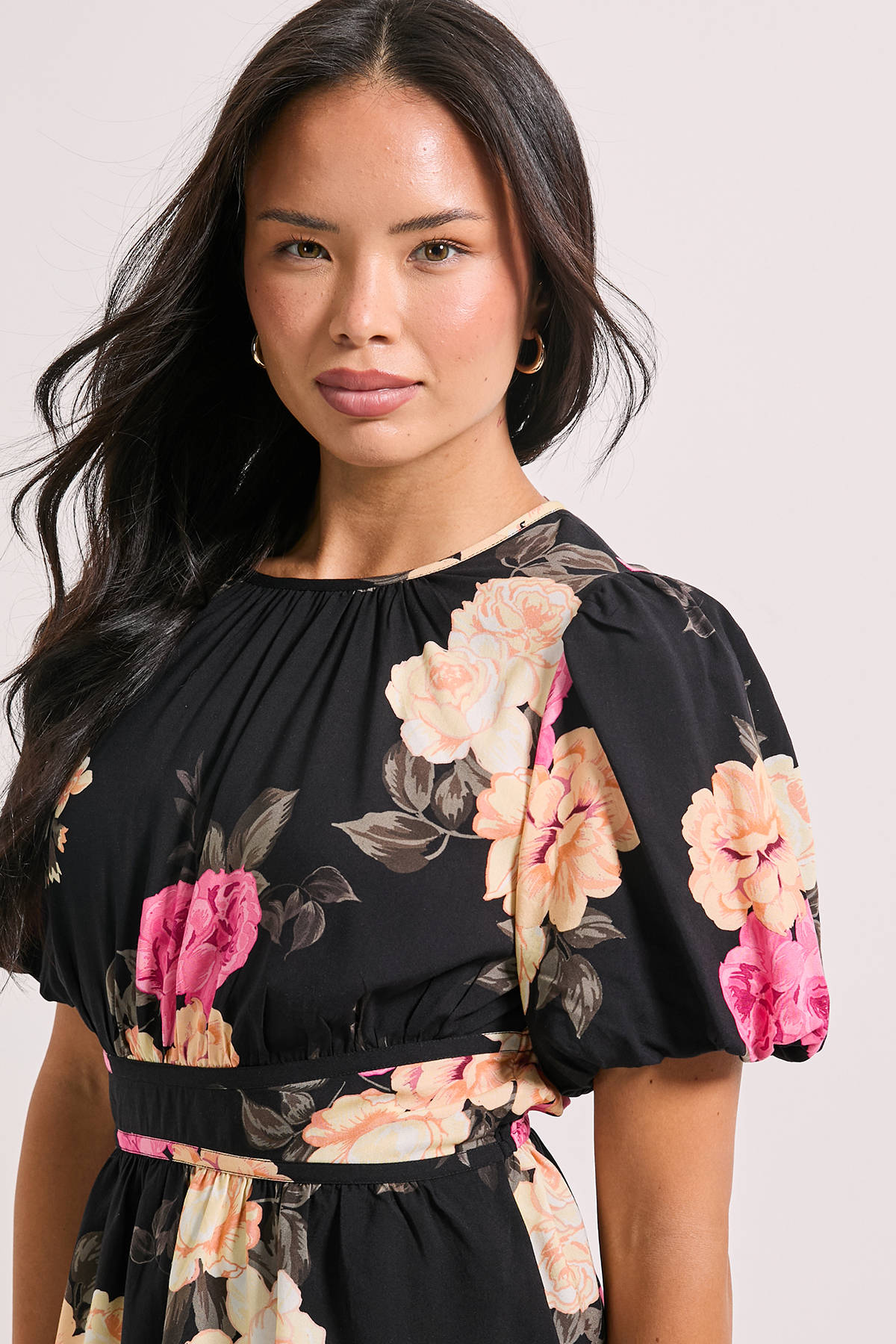 Black Floral Contrast Binding Peplum Top | pt51 - view 4