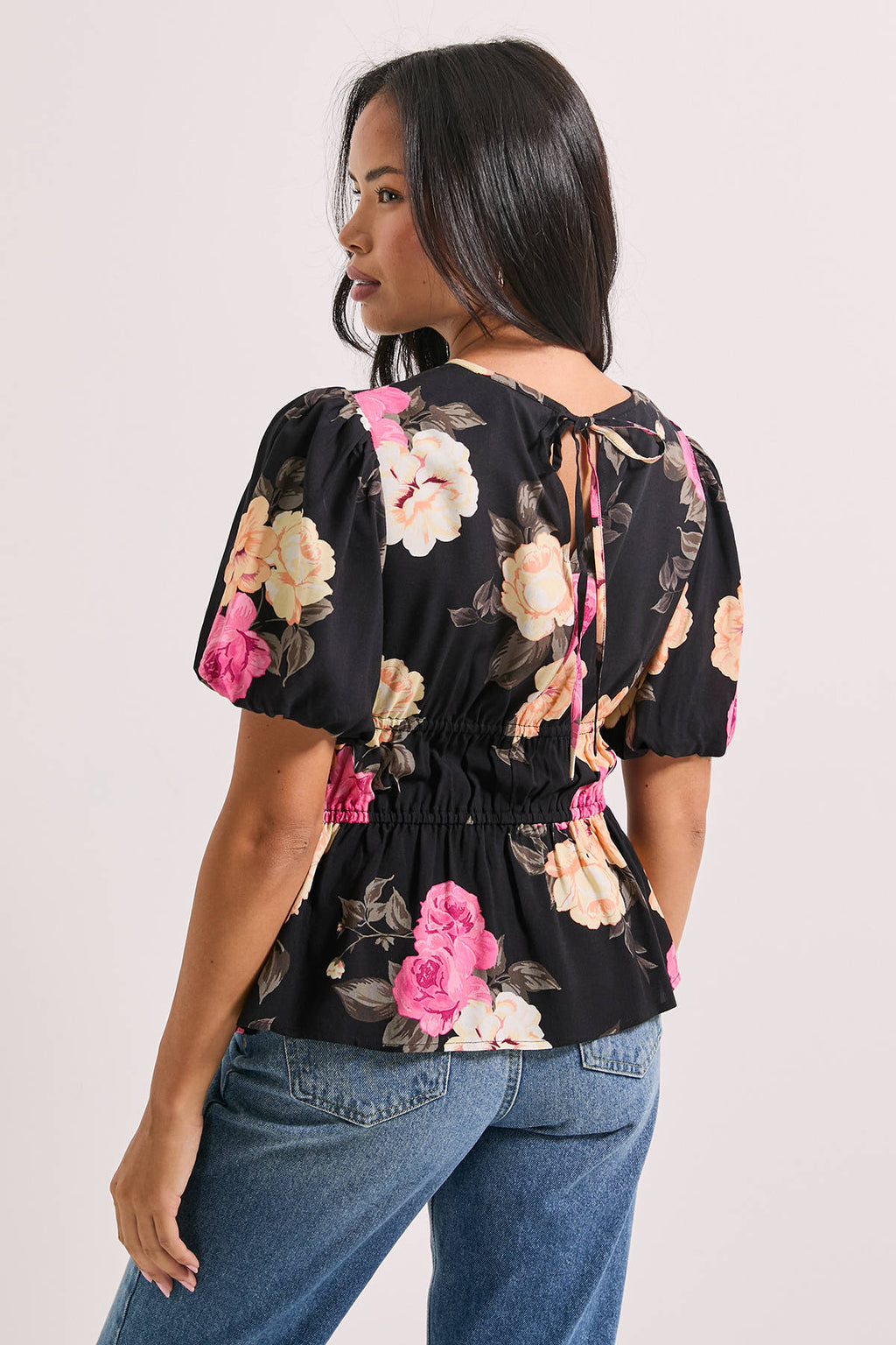 Black Floral Contrast Binding Peplum Top | pt51 - view 5