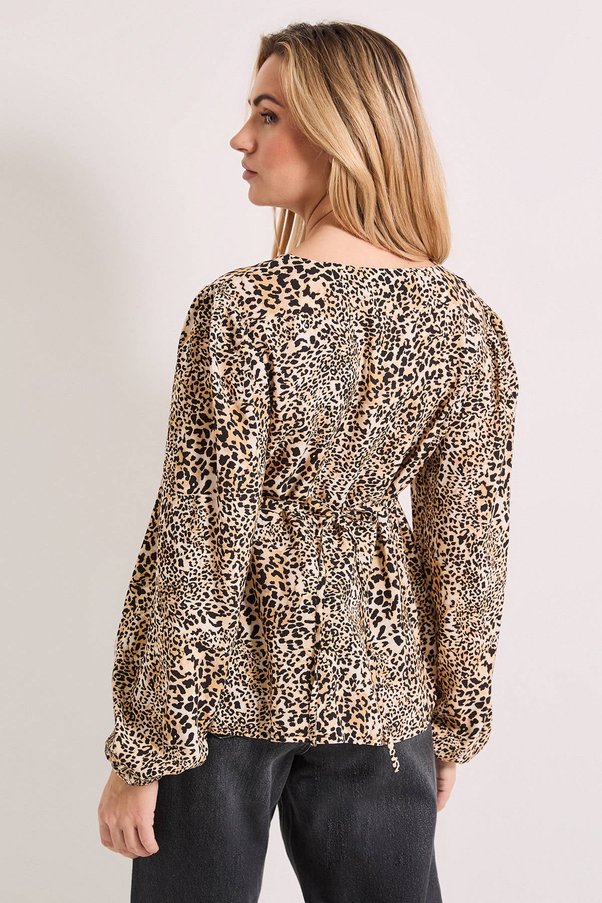 Animal Tie Front Long Sleeve Printed Blouse - Brown | pt51 - view 2