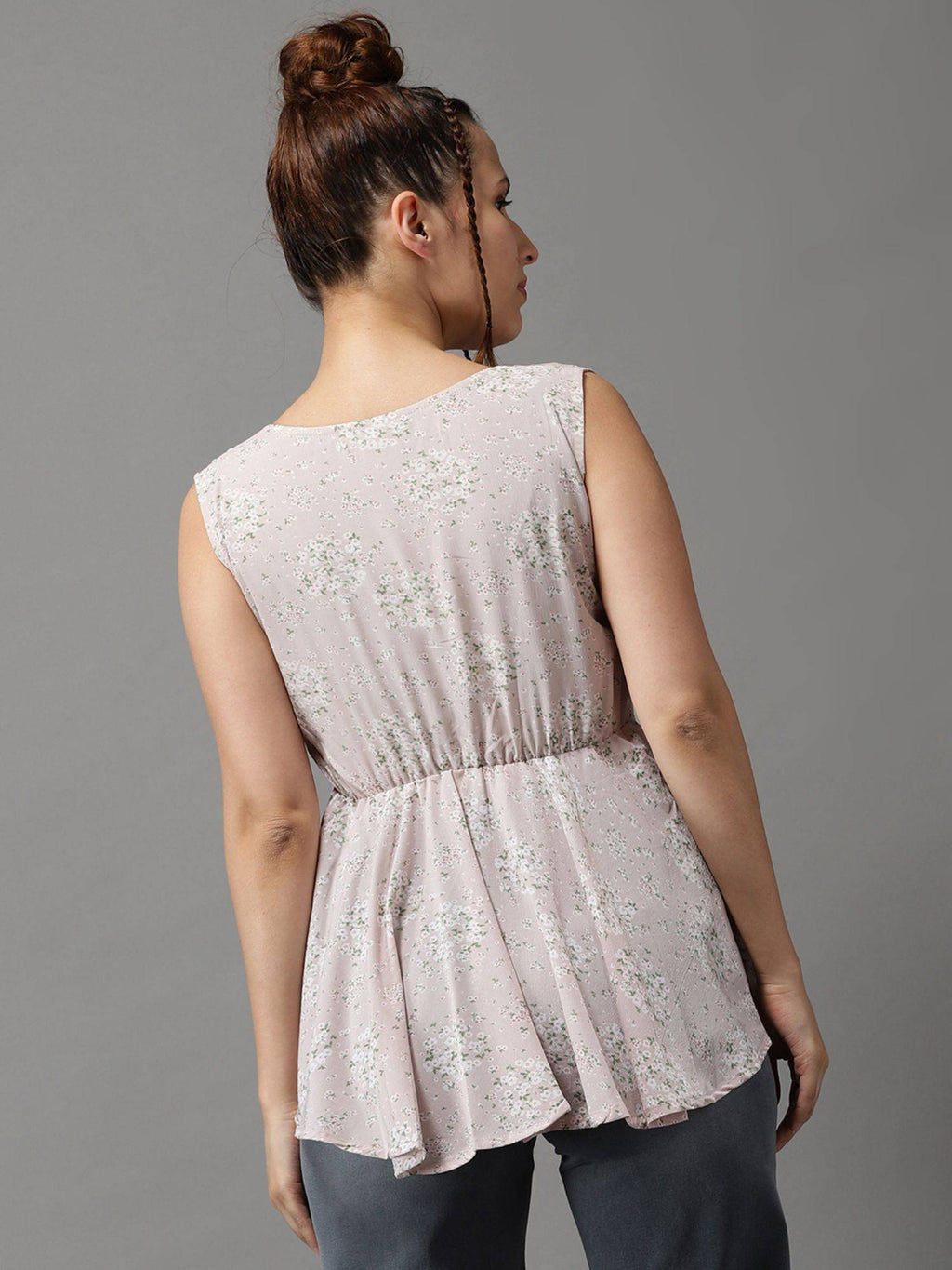 Womens Floral V-neck Beige Peplum Regular Top | pt51 - view 2