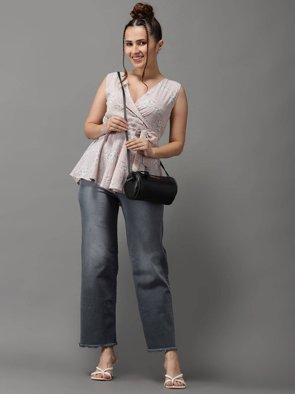 Womens Floral V-neck Beige Peplum Regular Top | pt51 - view 3