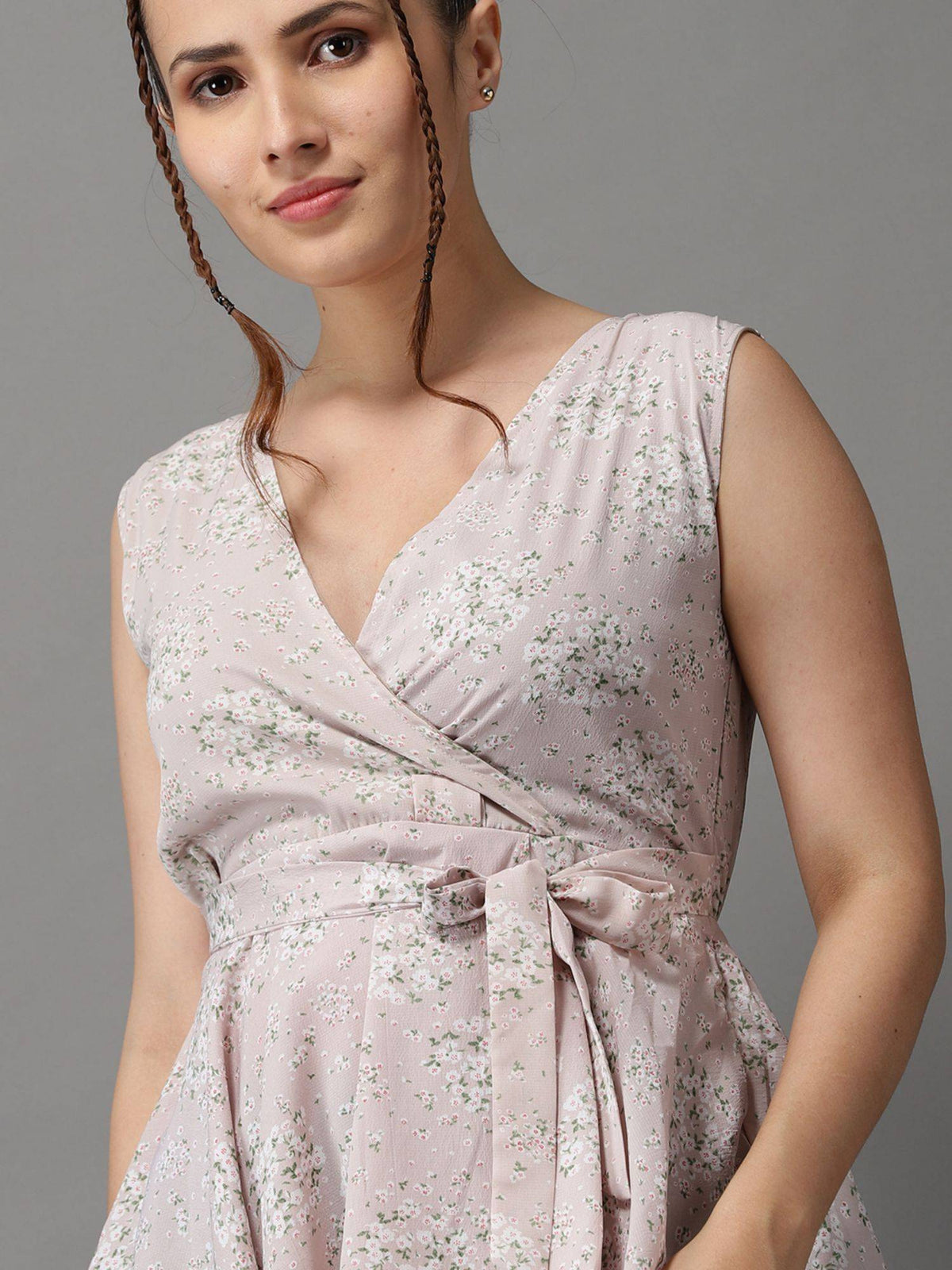 Womens Floral V-neck Beige Peplum Regular Top | pt51 - view 4