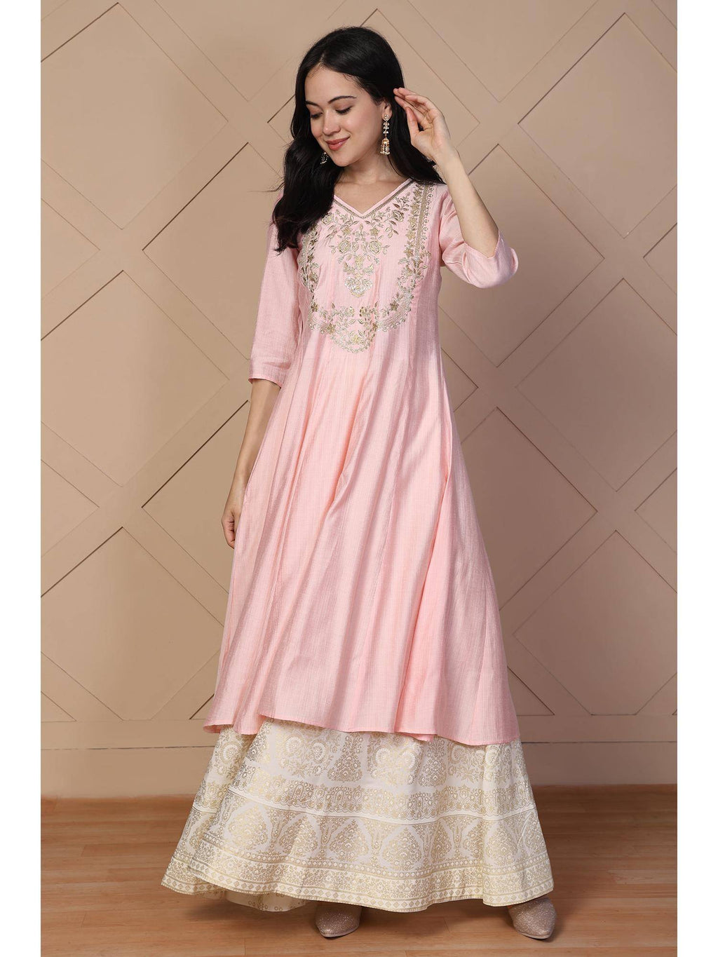 Women's Pink Embroidered Anarkali Rayon Kurta | KDG - view 1