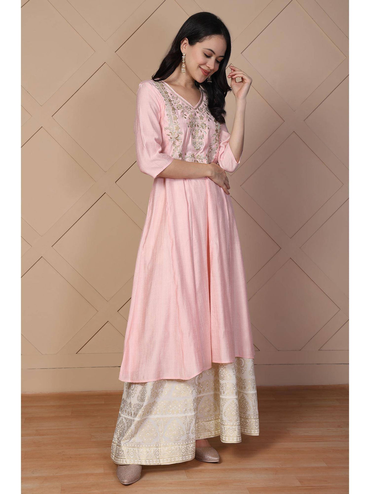 Women's Pink Embroidered Anarkali Rayon Kurta | KDG - view 6
