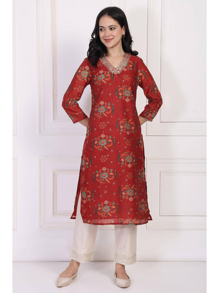 Red Floral Printed Sequined Straight Kurta | U3S - view 1