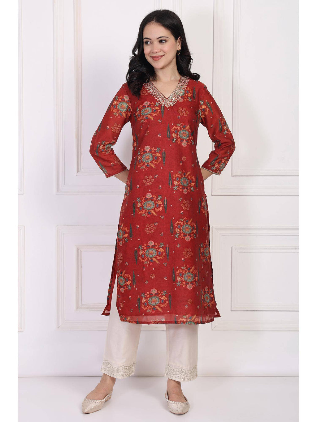 Red Floral Printed Sequined Straight Kurta | FY93 - view 1
