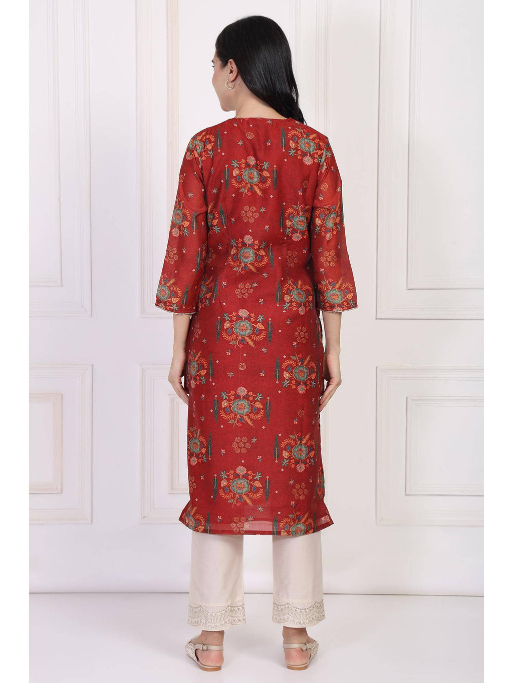 Red Floral Printed Sequined Straight Kurta | FY93 - view 2