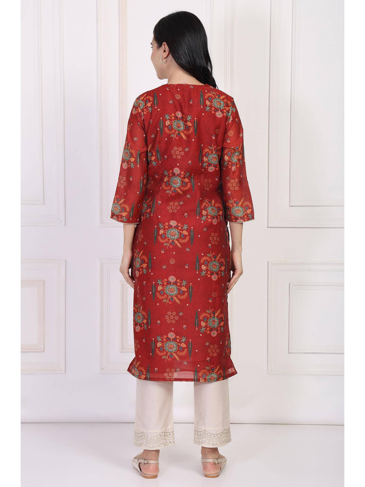 Red Floral Printed Sequined Straight Kurta | U3S - view 2
