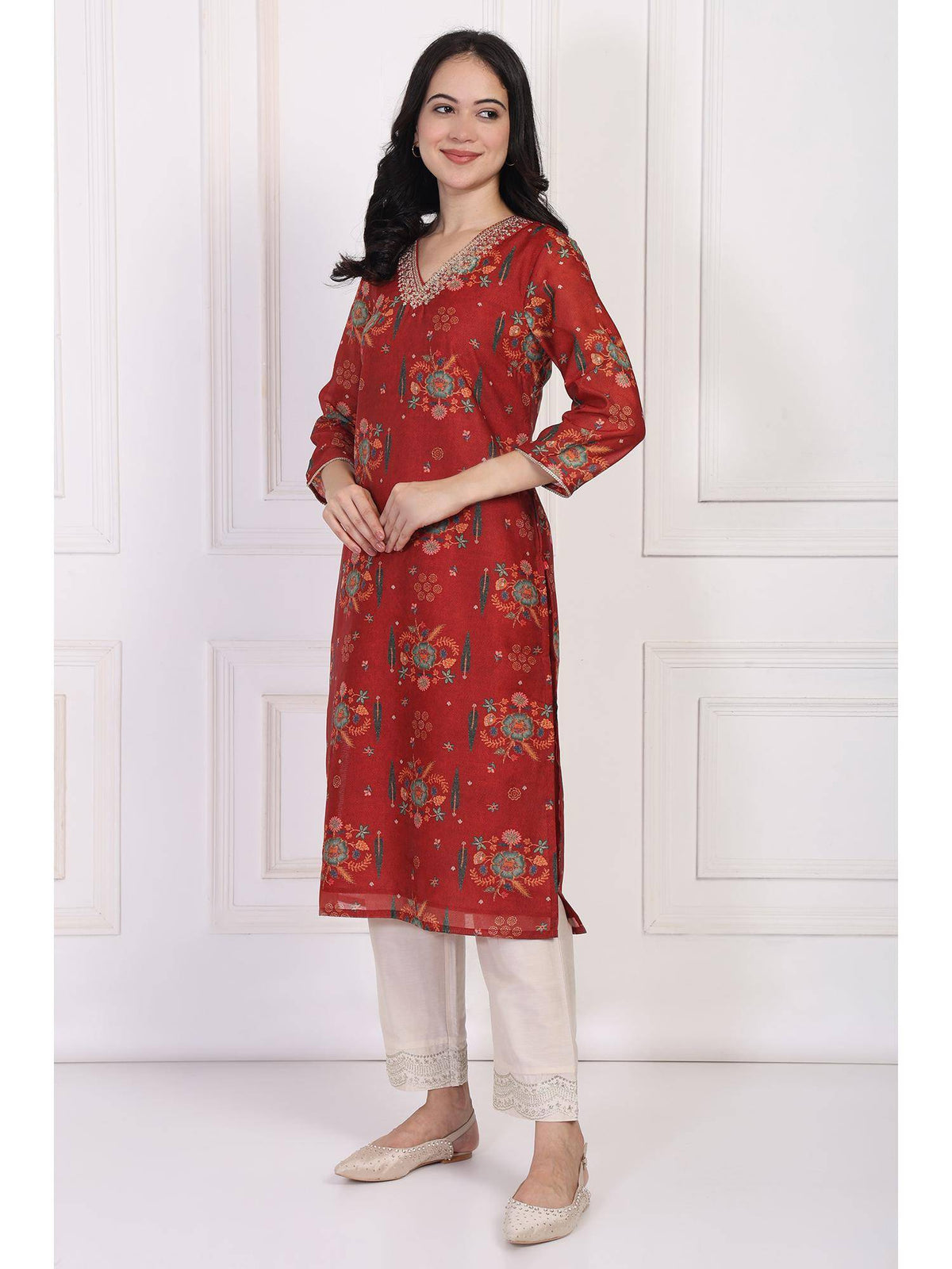 Red Floral Printed Sequined Straight Kurta | U3S - view 3