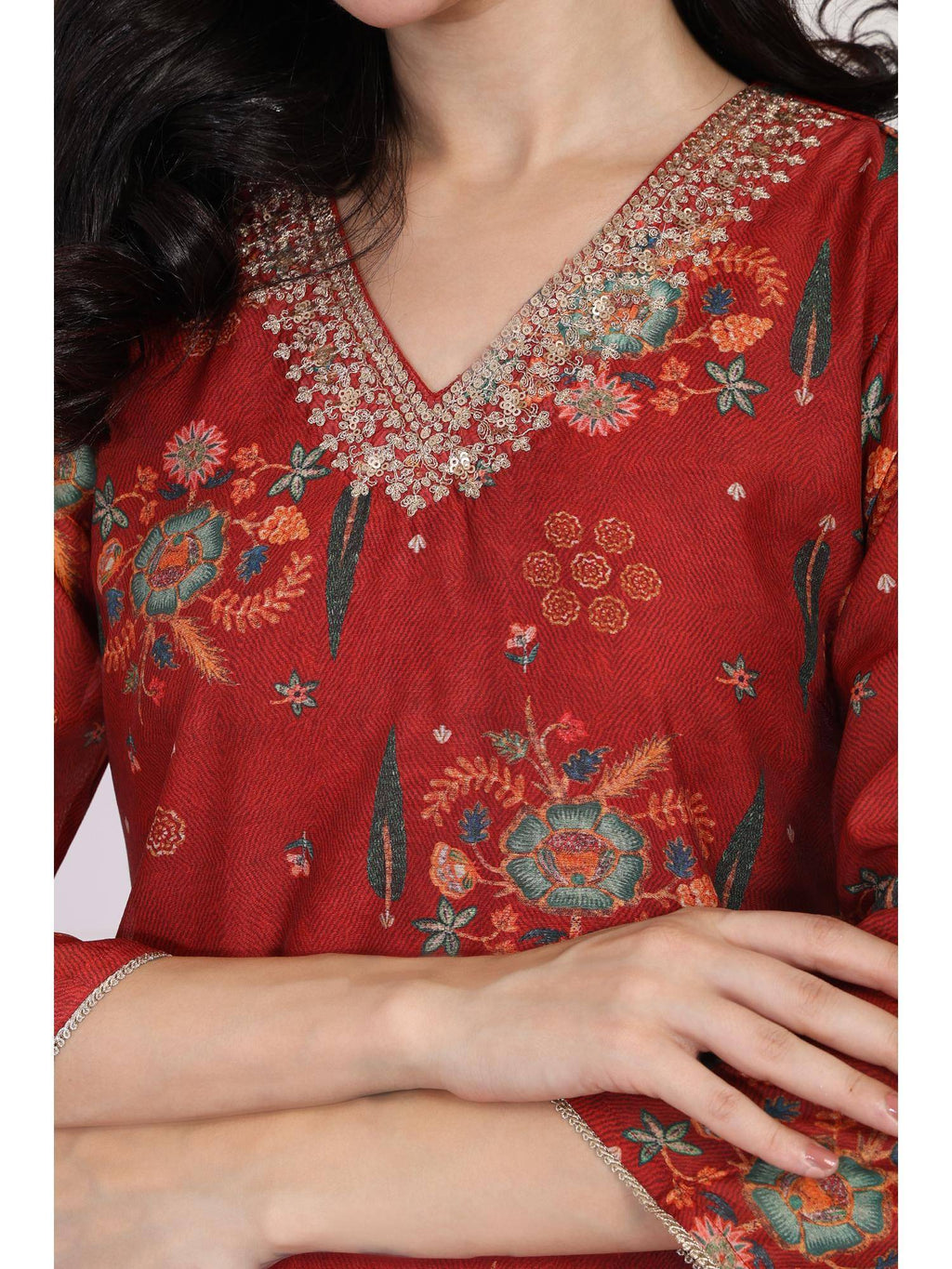 Red Floral Printed Sequined Straight Kurta | FY93 - view 4