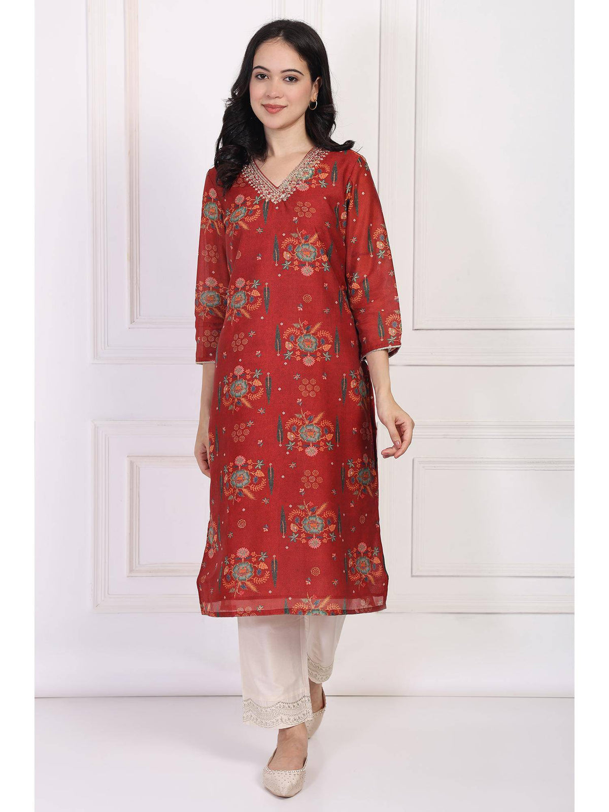 Red Floral Printed Sequined Straight Kurta | FY93 - view 6