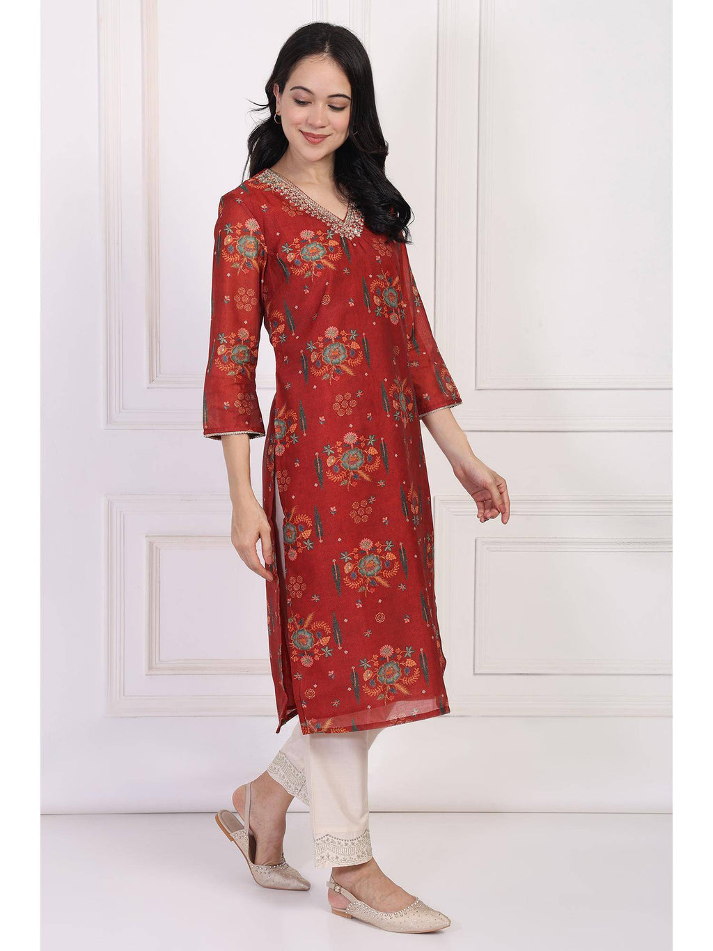 Red Floral Printed Sequined Straight Kurta | U3S - view 7