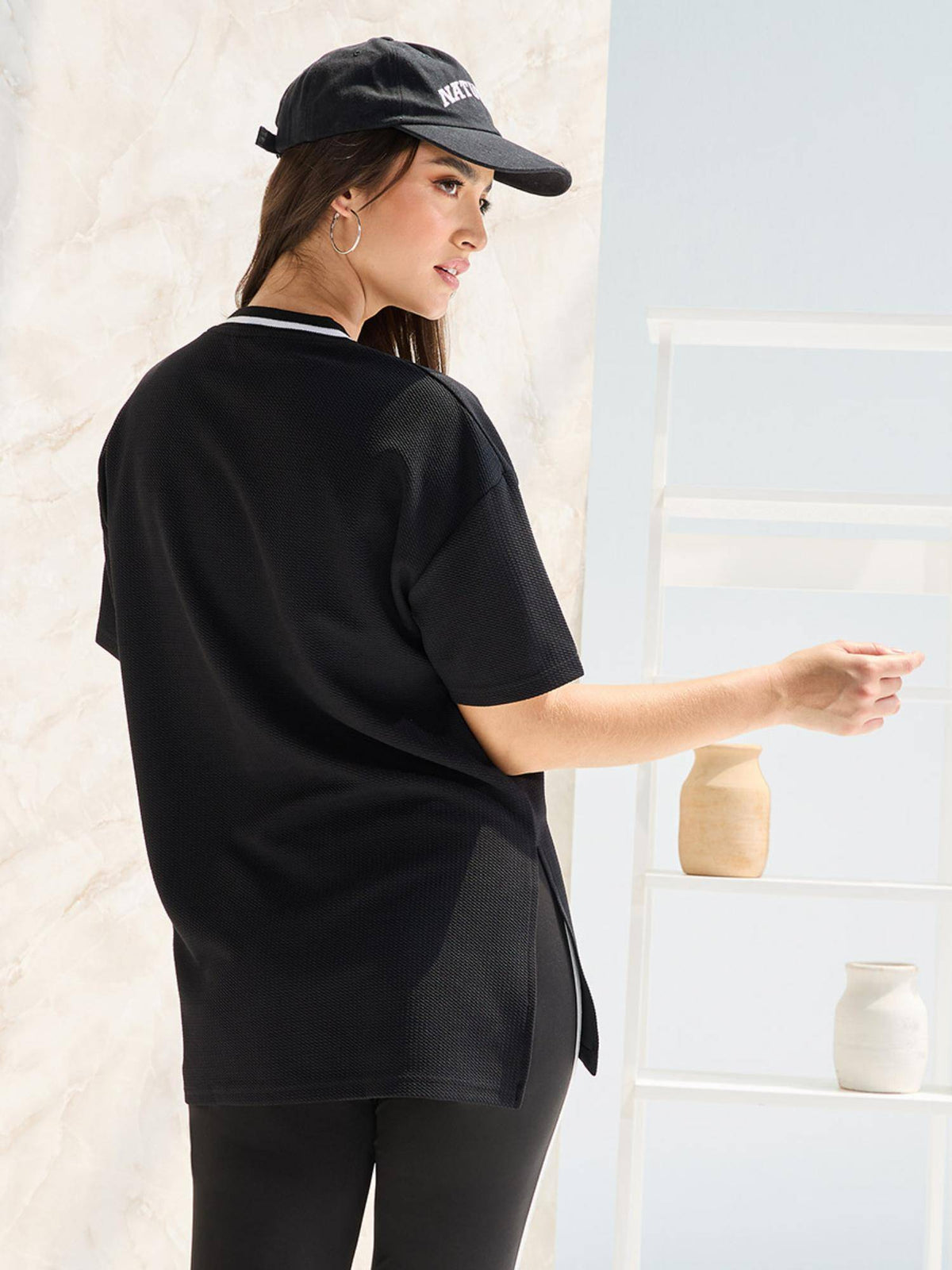 Oversized Contrast V-Neck Textured Rib Embroidered T-Shirt Black | TS56 - view 5