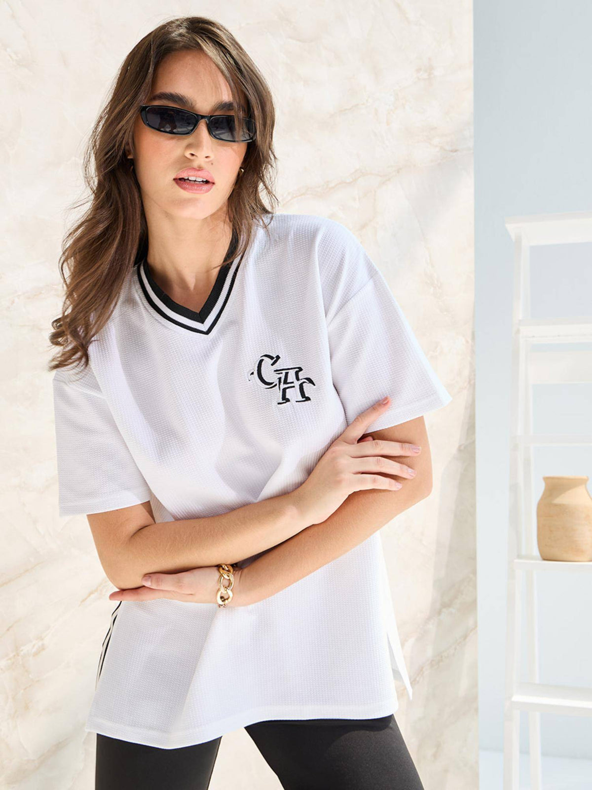 Oversized Contrast V-Neck Textured Rib Embroidered T-Shirt Black | TS56 - view 6