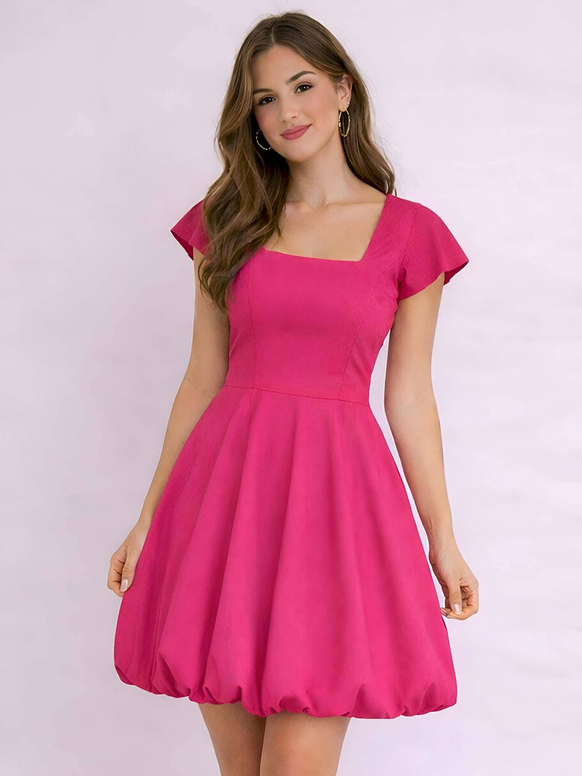 Dark Pink Square Neck Solid Short Sleeves Casual Mini Dress For Women | D56 - view 1
