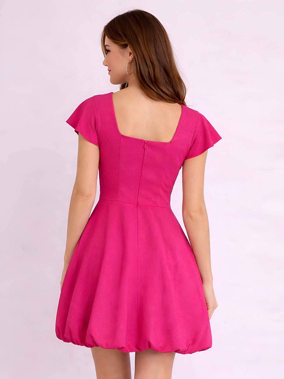Dark Pink Square Neck Solid Short Sleeves Casual Mini Dress For Women | D56 - view 2