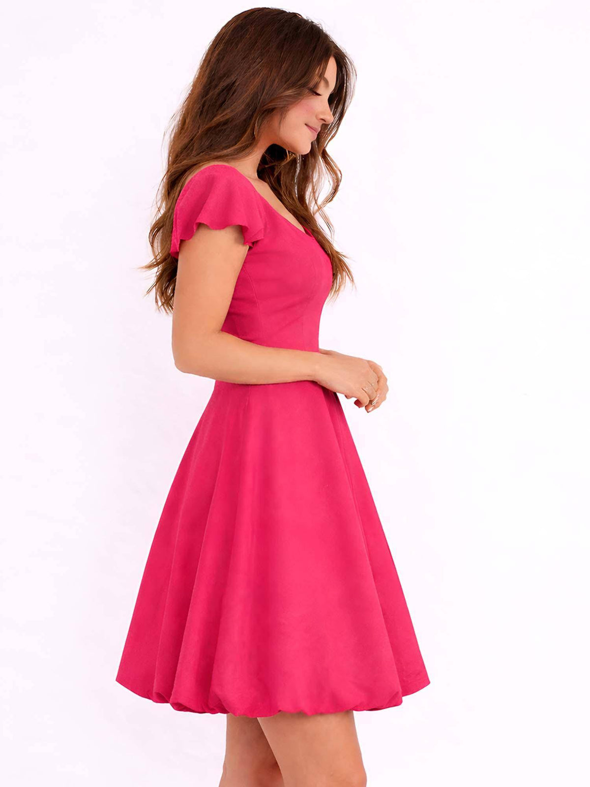 Dark Pink Square Neck Solid Short Sleeves Casual Mini Dress For Women | D56 - view 3