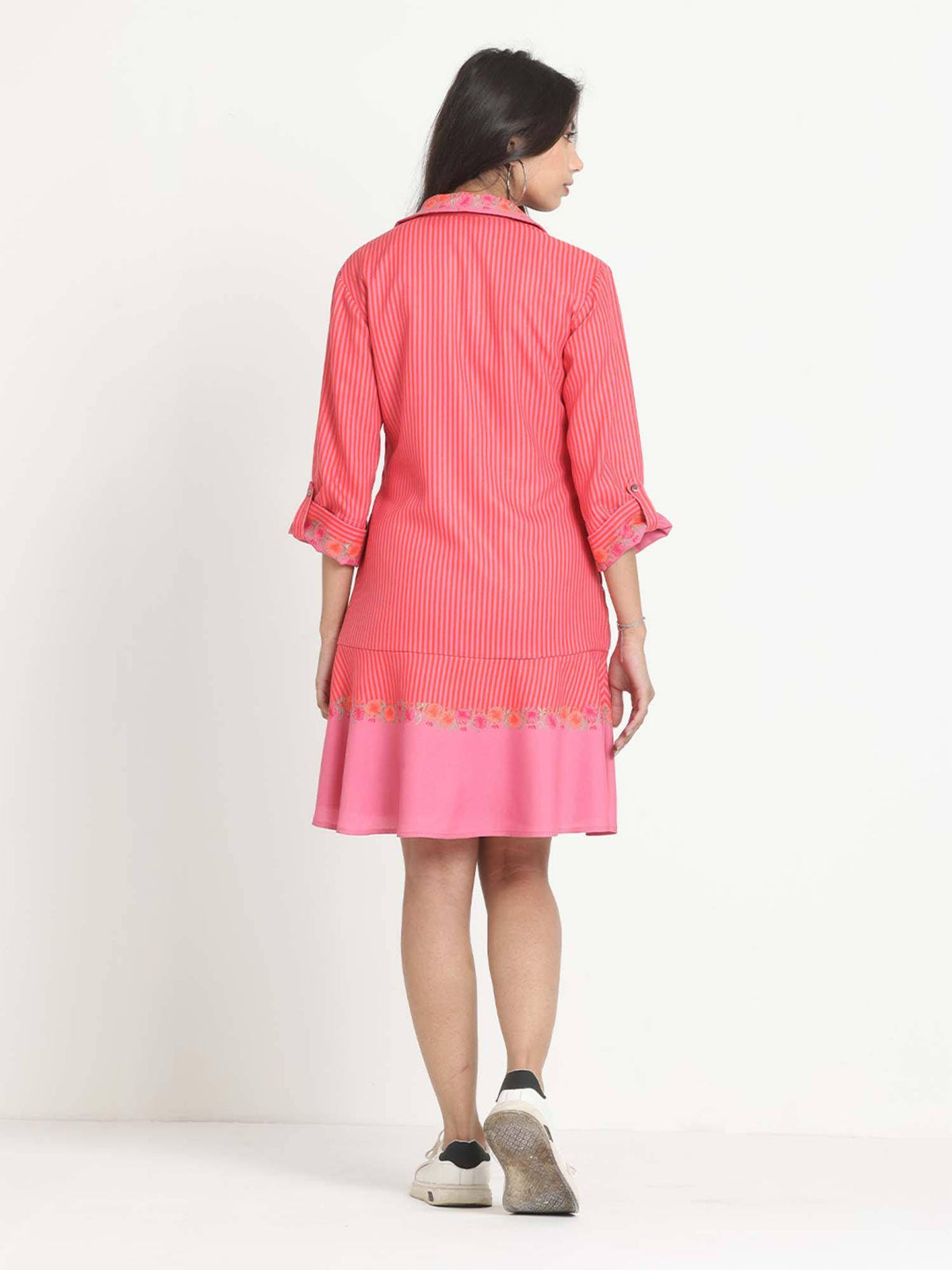 Pink Shirt Collar Stripe Print Casual Knee Dress For Women | D56 - view 2