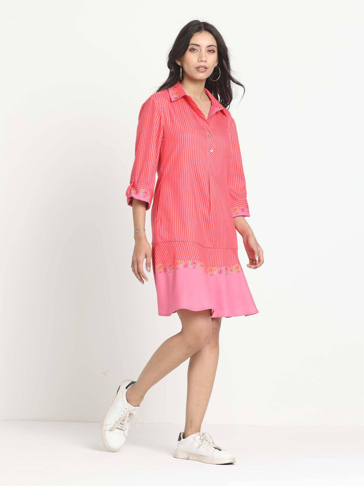 Pink Shirt Collar Stripe Print Casual Knee Dress For Women | D56 - view 3