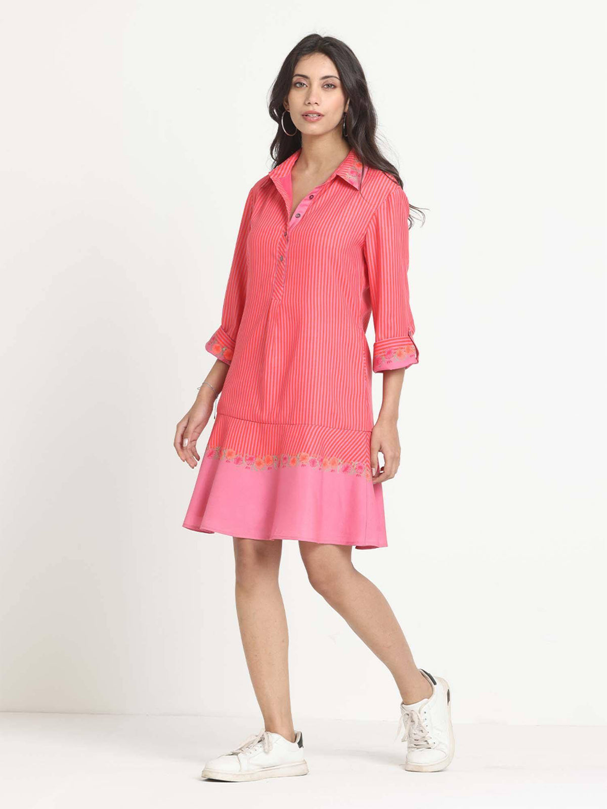 Pink Shirt Collar Stripe Print Casual Knee Dress For Women | D56 - view 4