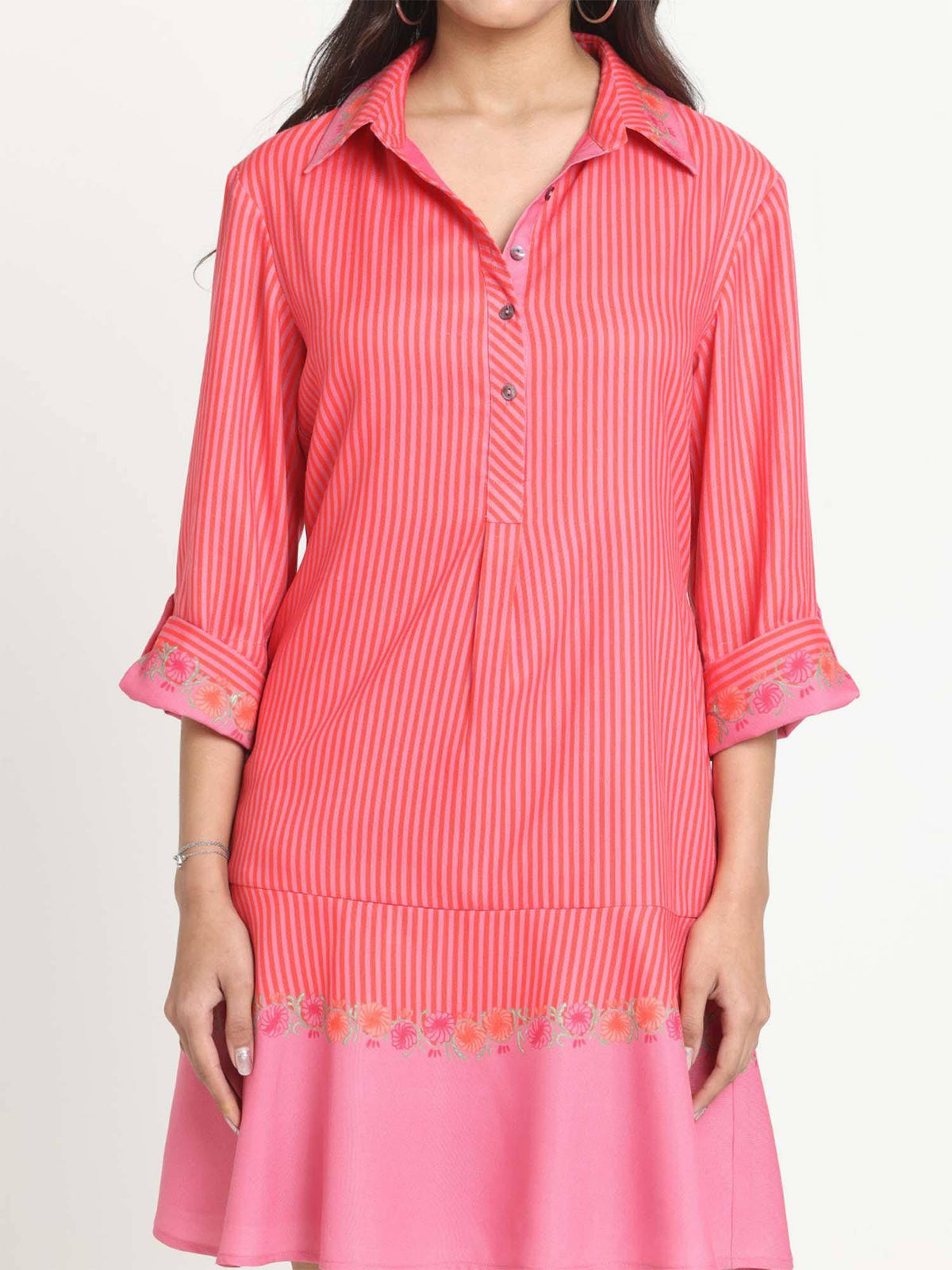 Pink Shirt Collar Stripe Print Casual Knee Dress For Women | D56 - view 5