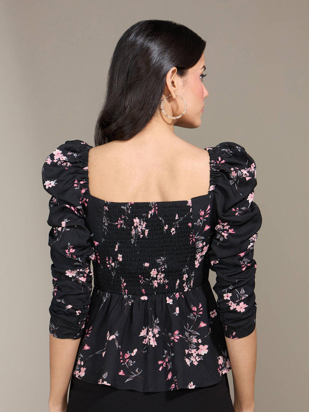 Black Floral Print Square Neck Top | pt51 - view 2