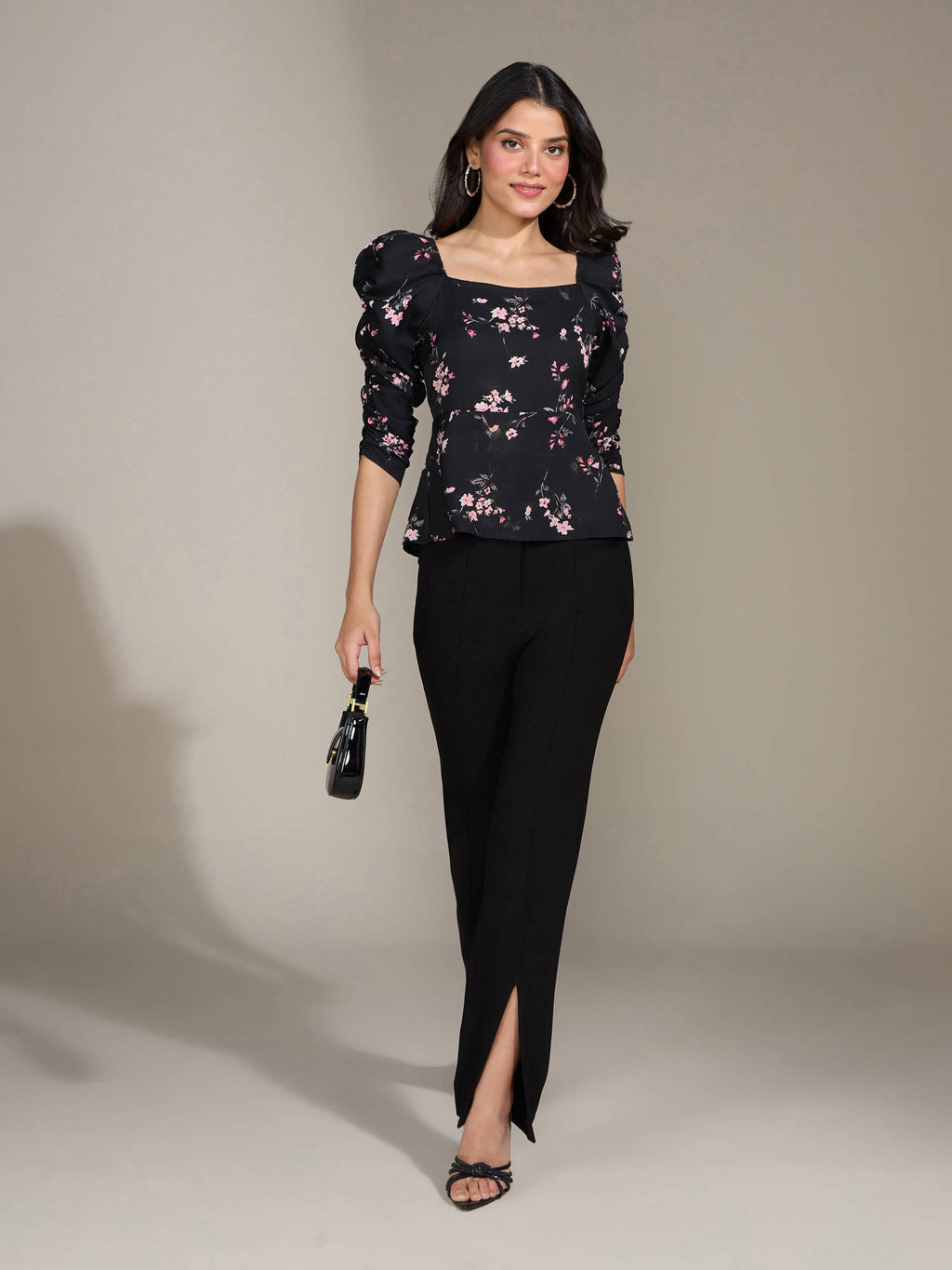Black Floral Print Square Neck Top | pt51 - view 4