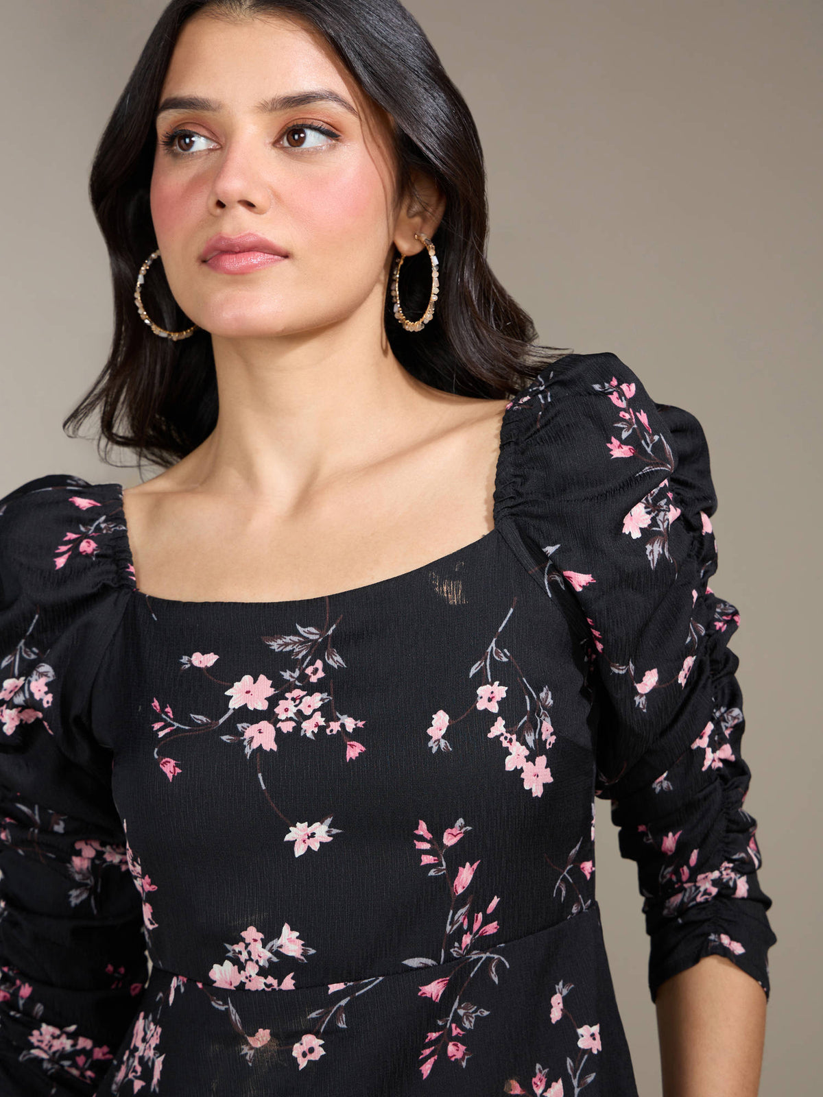 Black Floral Print Square Neck Top | pt51 - view 5