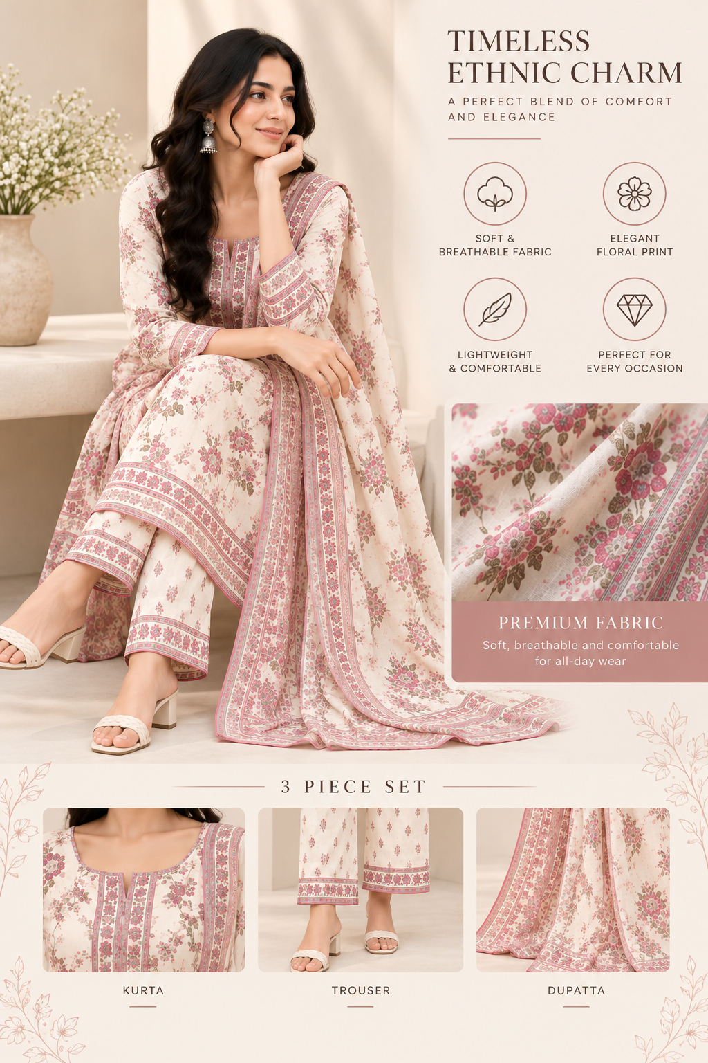 Ivory Floral Kurta Set with Printed Dupatta
