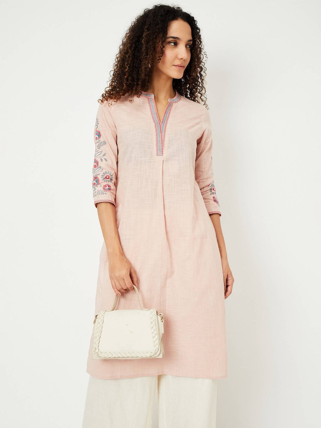 Women Embroidered Peach Straight Kurta | U3S - view 1