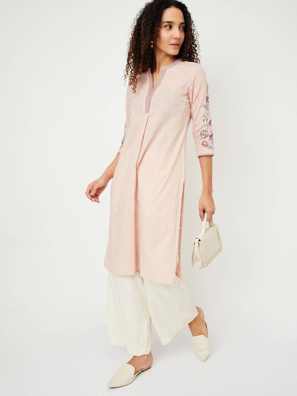 Women Embroidered Peach Straight Kurta | U3S - view 5