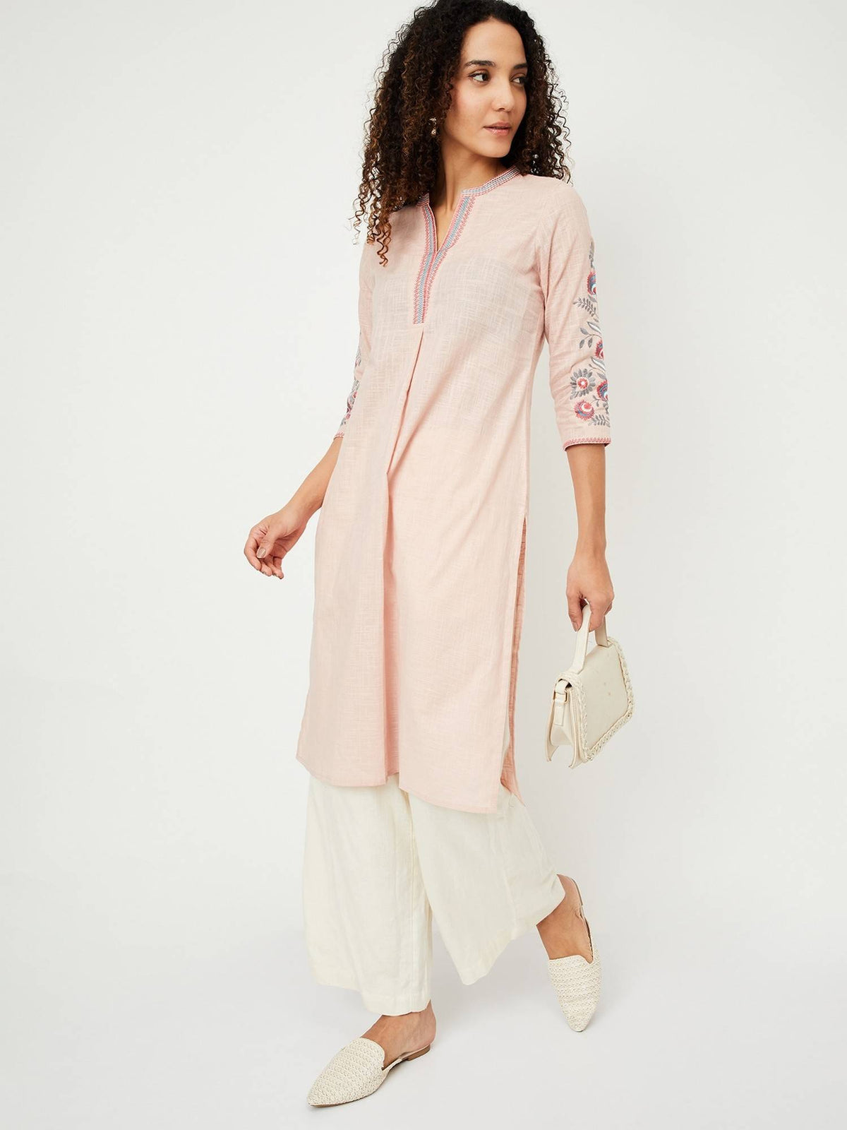 Women Embroidered Peach Straight Kurta | U3S - view 5