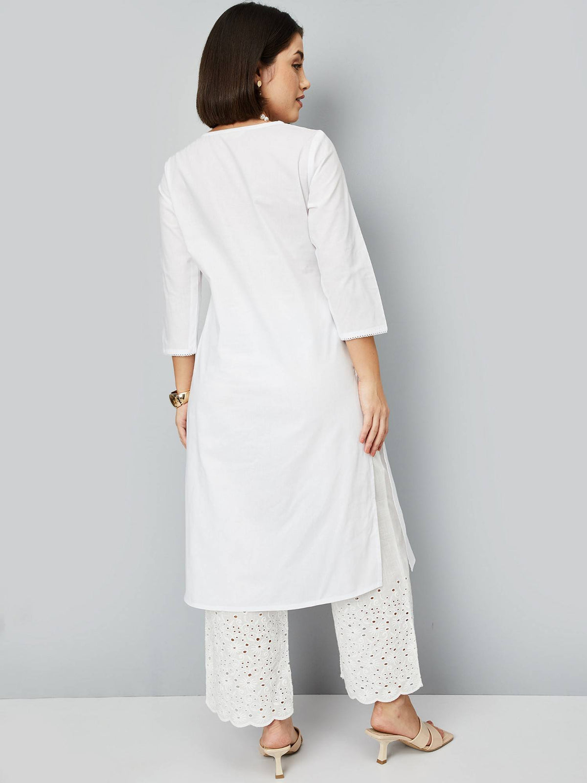 Women Off White Cotton Blend Embroidered Straight Kurta | U3S - view 2