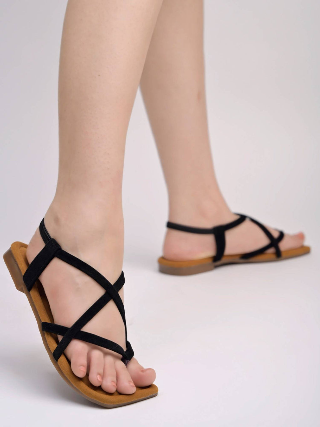 Strappy Detailed Black Flat Sandals for Women | SD89 - view 1