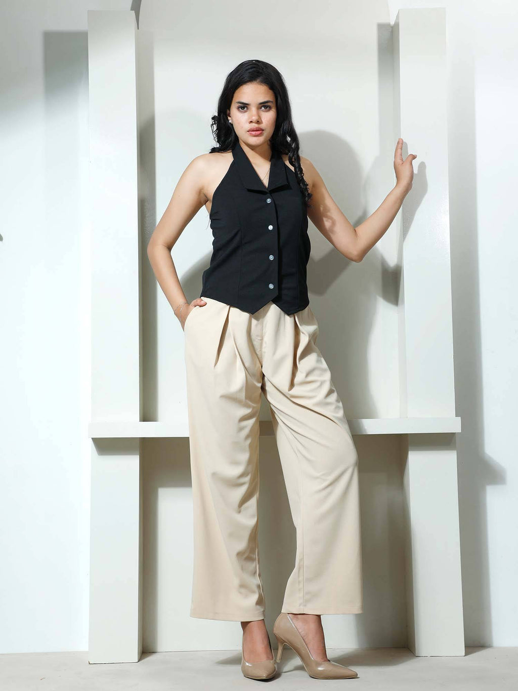 Beige Halter Neck Polyester Solid Casual Top | HT67 - view 8
