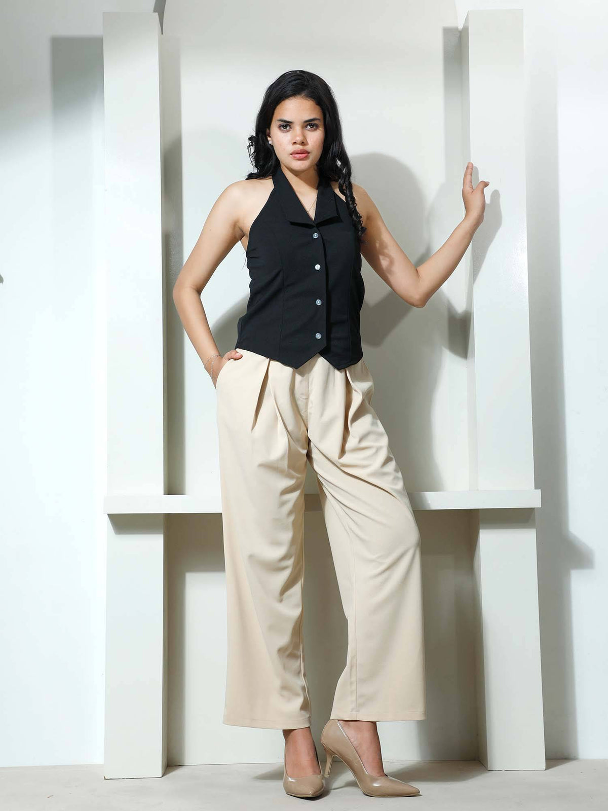 Beige Halter Neck Polyester Solid Casual Top | HT67 - view 8
