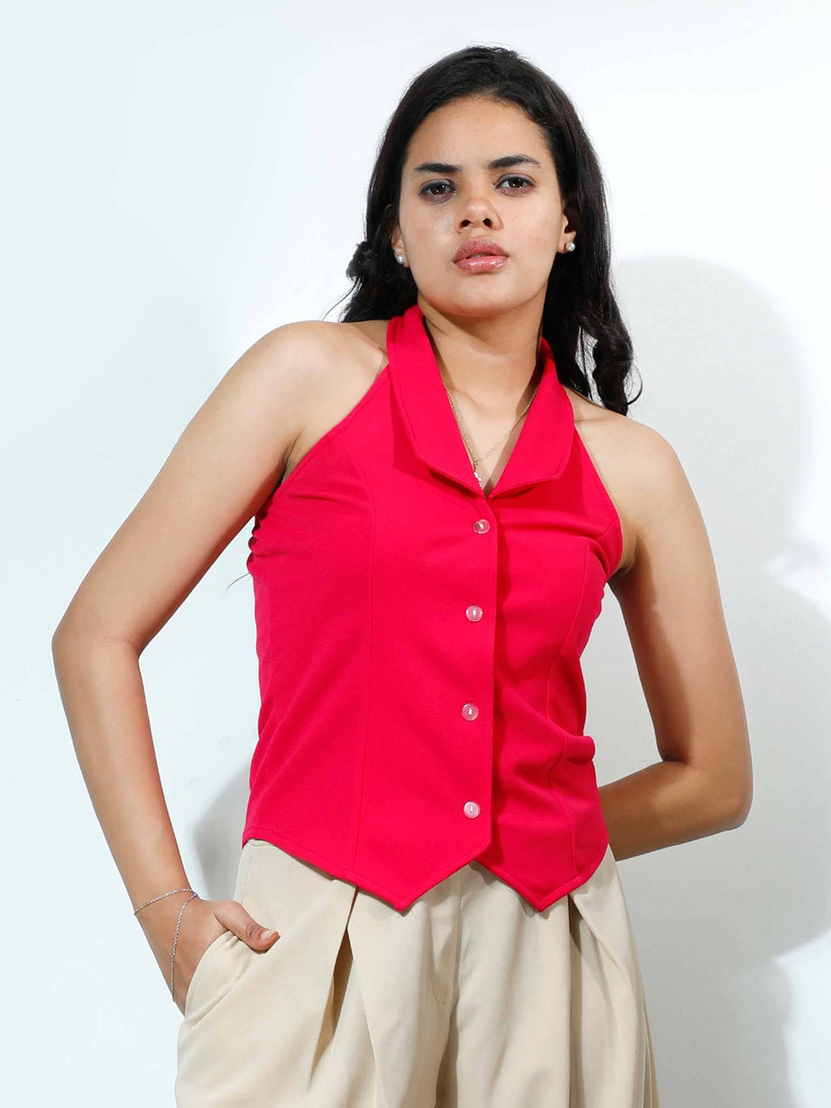 Beige Halter Neck Polyester Solid Casual Top | HT67 - view 17