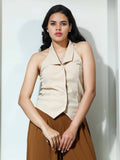 Beige Halter Neck Polyester Solid Casual Top | HT67 - view 1