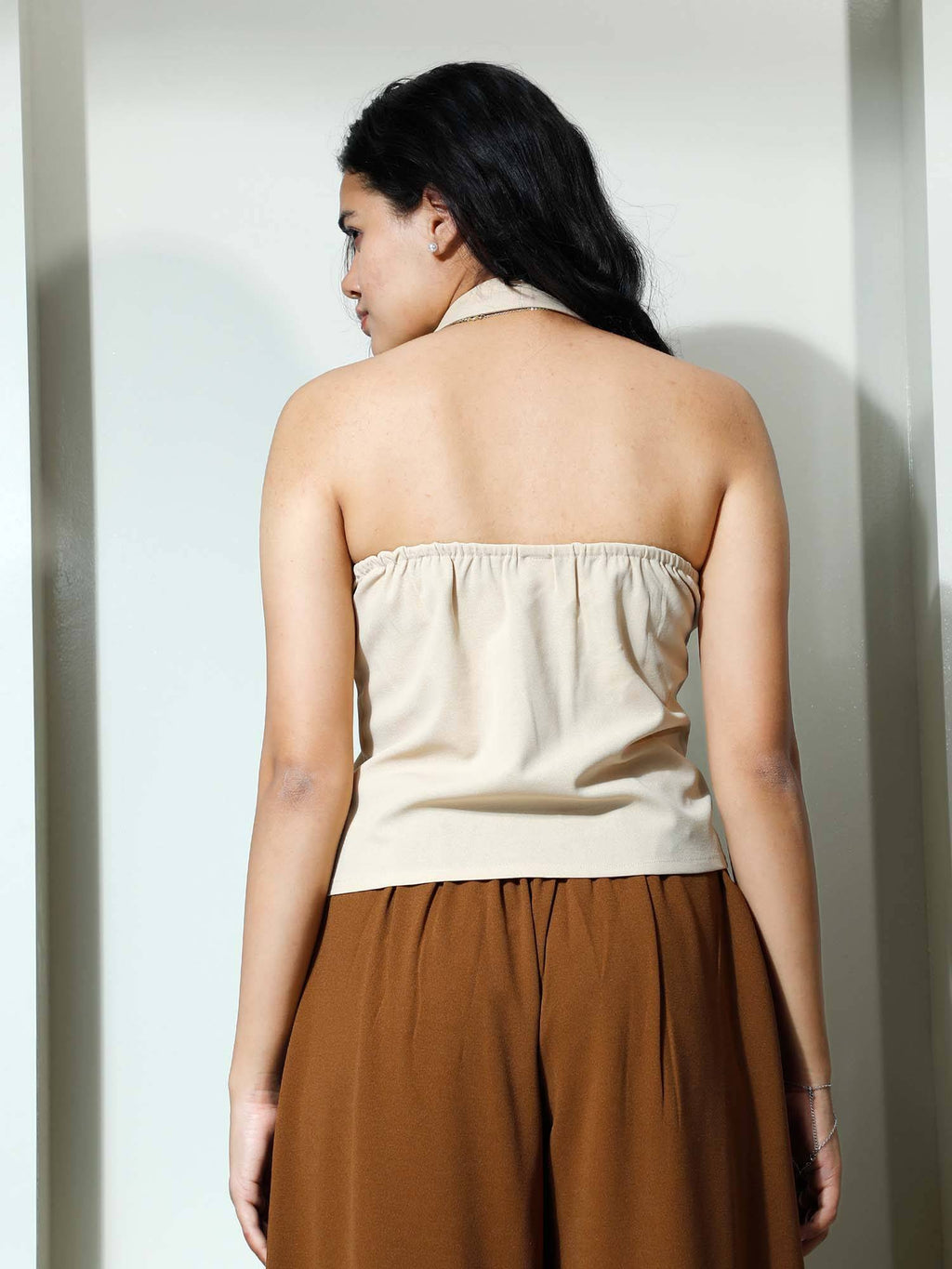 Beige Halter Neck Polyester Solid Casual Top | HT67 - view 3