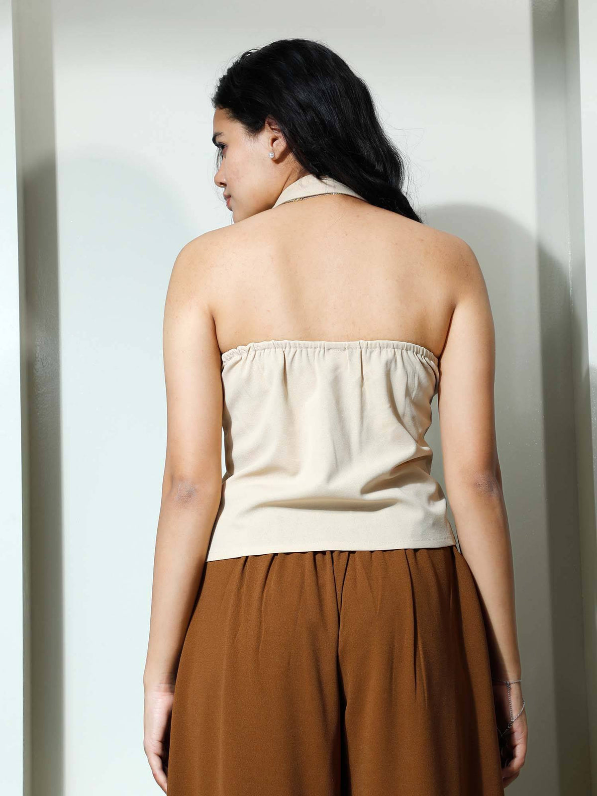 Beige Halter Neck Polyester Solid Casual Top | HT67 - view 3